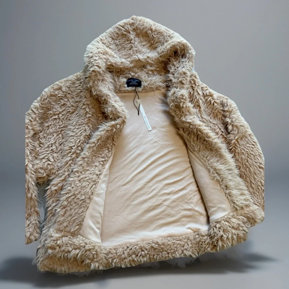 NWT Love Tree Fur Coat Faux‎ Cropped Hooded Pockets Peach Women's Medium